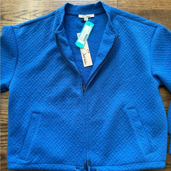 Les Serein Megan Quilted Knit Bomber Jacket Blue Textured Drawstring Size M NWT - Picture 5 of 6